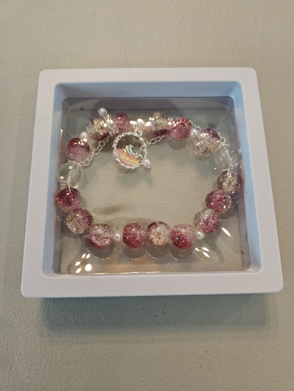 Pink Glass Bead Bracelet with Dolphin Silver Accent